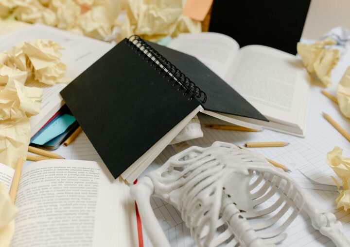 A symbolic display of academic burnout with a notebook, skeleton, and crumpled papers.